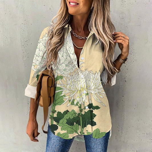 Comstylish White Chrysanthemum Pattern Women's Shirt