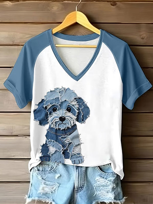 Comstylish Women's Retro Funny Denim Patch Animal Dog Print Raglan Short Sleeve T-shirt