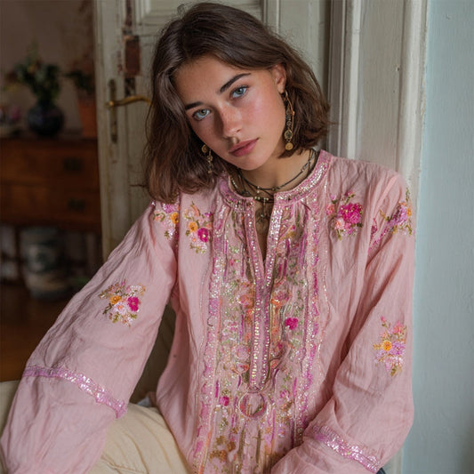 Comstylish Elegant Flowers Embroidered Glitter Cozy Linen Shirt
