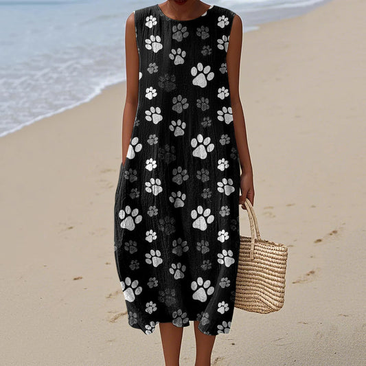 Comstylish Women's Dog Art Print Cotton And Linen Dress