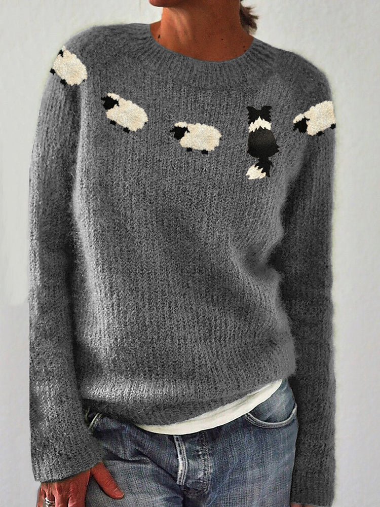 Comstylish Border Collie & Sheep Yoke Embroidered Cozy Knit Sweater