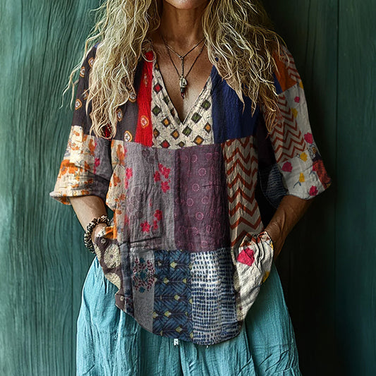 Comstylish Vintage Boho Patchwork Art Print Short Sleeve V-neck Shirt
