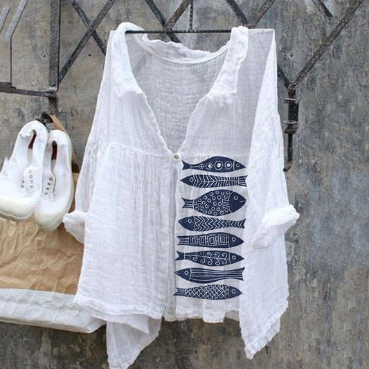 Comstylish Vintage Japanese Art Fish Linen V Neck Button Comfy Shirt