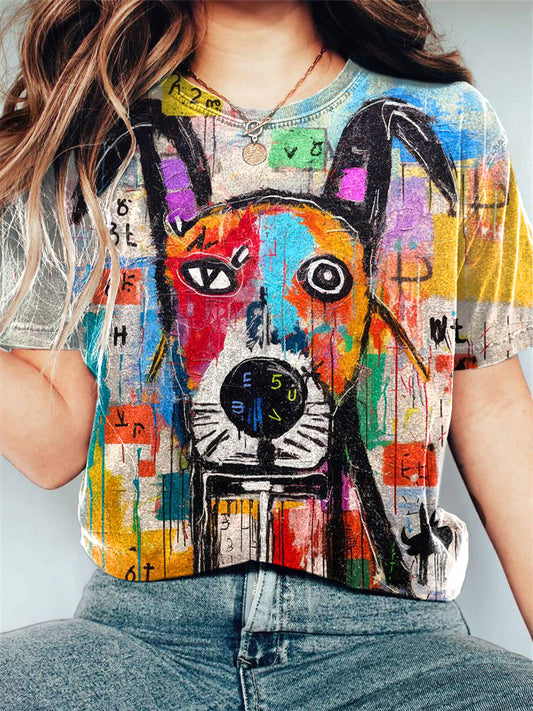 Comstylish Colorful Dog Art Print Cotton Blend T-shirt