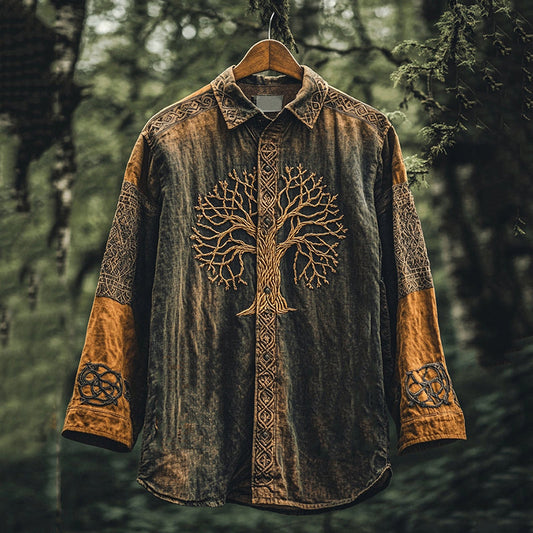 Men's Viking Mythology Tree Of Life  Lapel Tie Dyed Long Sleeved Shirt artswardrobe