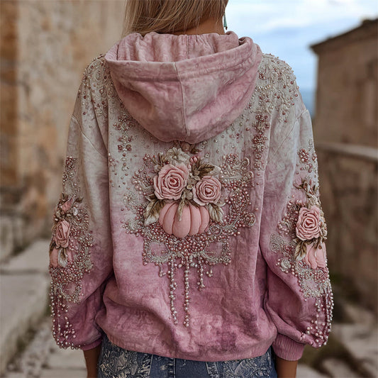 Vintage Thanksgiving Pink Pumpkins & Roses Gradient Hoodie artswardrobe