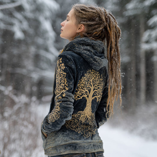 Comstylish Viking Style Life Tree Print Vintage Hoodie