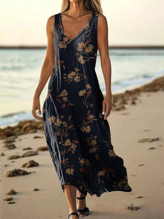 Women's Ethnic Floral Pattern Art Print Pocket Cotton Dresses