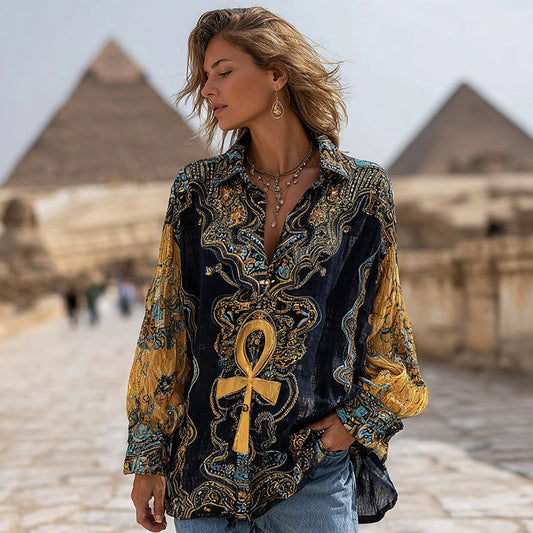 Comstylish Women's Ancient Egyptian Ankh And Floral Linen Blend Shirt