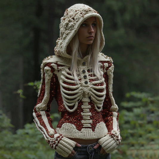 Comstylish Women's Vintage Skeleton Art Cozy Knit Hooded Sweater