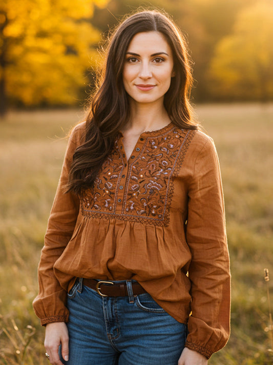 Comstylish Women's Vintage Bohemian Embroidered Print Shirt