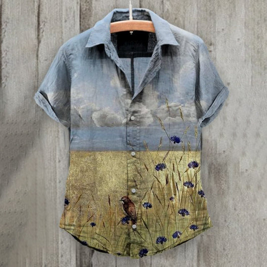 Comstylish Golden Beach Bird Floral Vintage Cotton and Linen Shirt