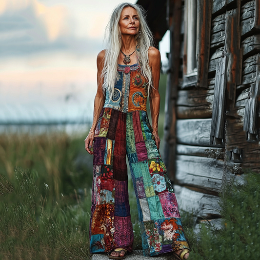 Women's Floral Patchwork Linen Print Cotton Linen Jumpsuit artswardrobe