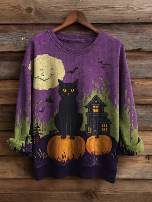 Comstylish Women's Halloween Cat Print Casual Sweatshirt