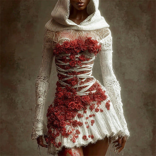 Comstylish Halloween Bandage & Floral Art Women's Knit Hooded Mini Dress