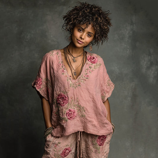 Women‘s Rose Embroidered Print V-neck Linen Blend T-shirt artswardrobe