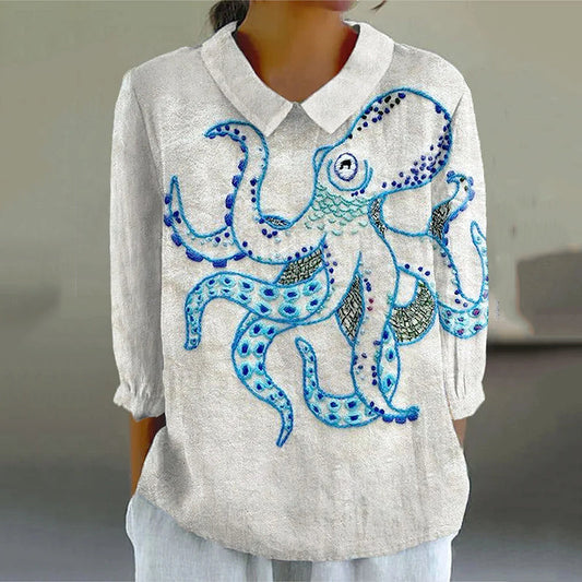 Women's Vintage Abstract Fish Octopus Art Print Casual Cotton And Linen 3/4 Sleeve Shirt artswardrobe