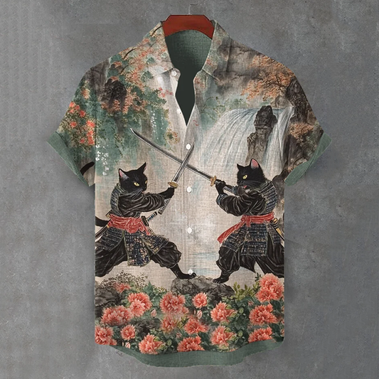 Men's Retro Two Japanese Black Cat Warriors Fighting Art Casual Short Sleeve Shirts elevenforest