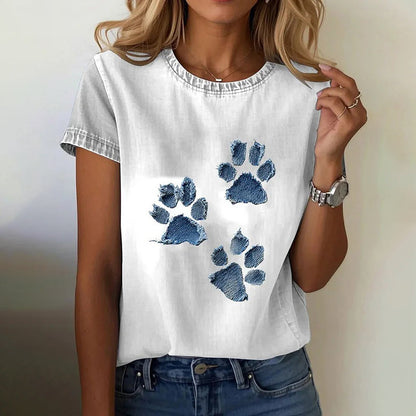 Comstylish Women's Cute Cat Paw Denim Patchwork Art T-shirt