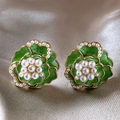 Green Enamel Earrings With Pearls