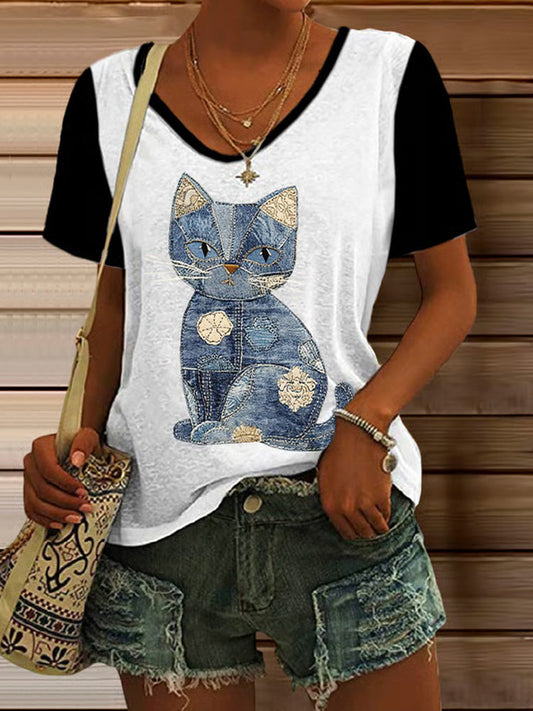 Women's Retro Animal Cat Print T-shirt elevenforest