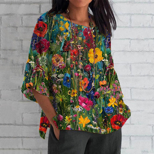 Comstylish Vintage Colorful Floral Art Crew Neck Casual Shirt