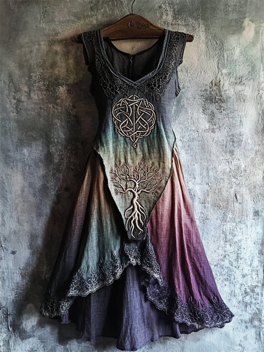 Viking Tree Of Life Lace Hem Gradient Linen Dress artswardrobe