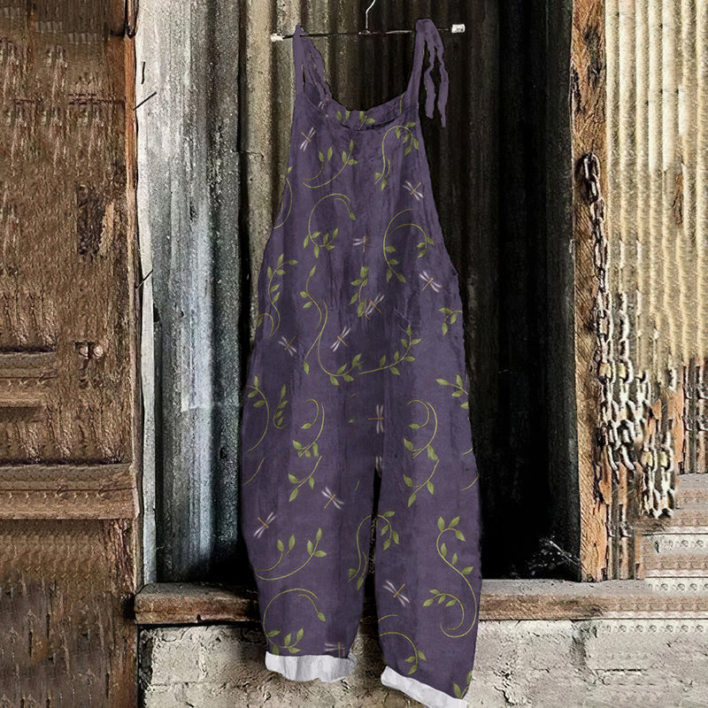 Women's Bohemian Style Dragonfly Linen Print Cotton Linen Jumpsuit artswardrobe