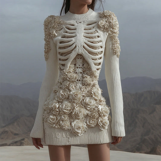 Comstylish Women's White Rose Skull Crochet Cozy Knit Mini Sweater Dress