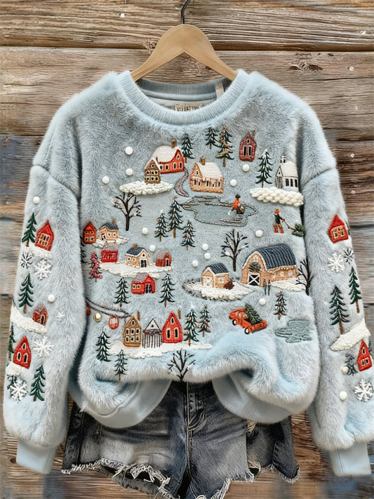 Snowy Ski Resorts Landscape Embroidered Cozy Plush Sweatshirt
