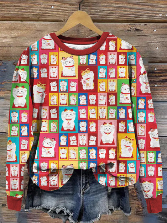 Japanese Fortune Cat Art Graphic Comfy Sweatshirt elevenforest