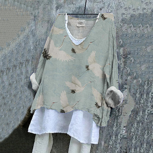 Comstylish Japanese Art Crane Print V-Neck Loose Blouse