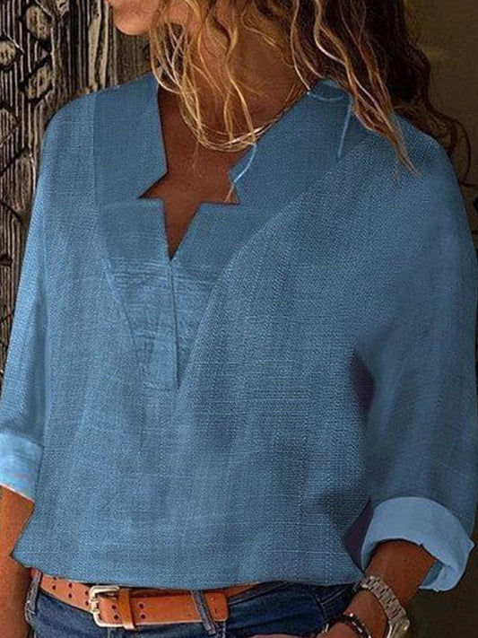 Women's Casual Cotton And Linen V-neck top