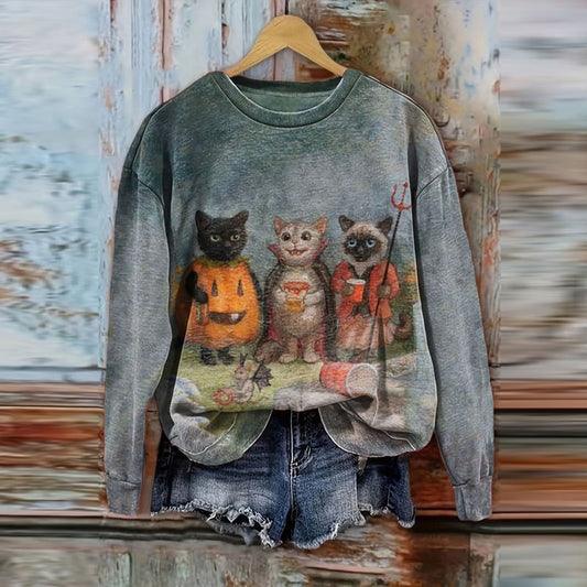Comstylish Halloween Cute Cat Print Casual Sweatshirt