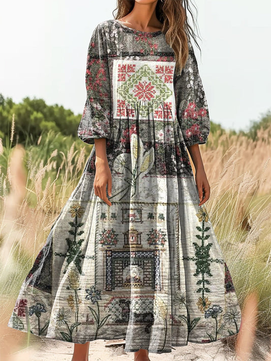 Women's Vintage Floral Patchwork Art Print Flowy Cotton Crew Neck Dres