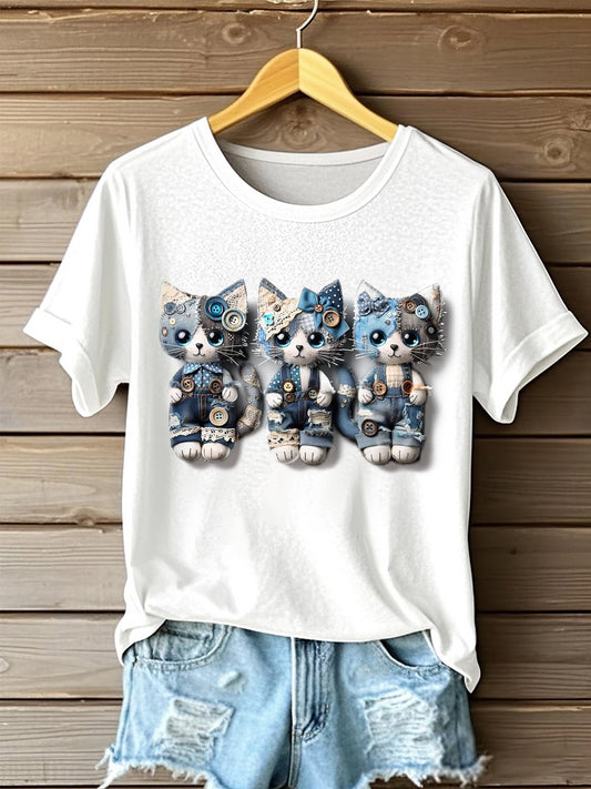 Women's Denim Lovely Cats Portrait Art Print Short Sleeve Casual T-shirt elevenforest