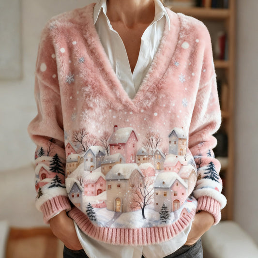 Comstylish Christmas Snowy Village Pattern V Neck Plush Sweatshirt