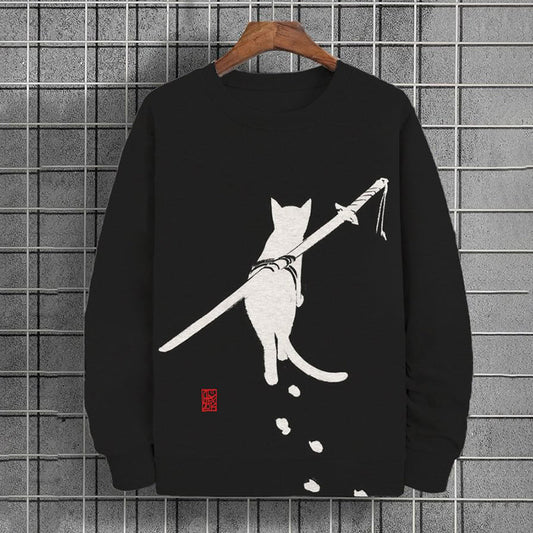 Men's Colorblock Japanese Samurai Cat Printed Casual Sweatshirt elevenforest