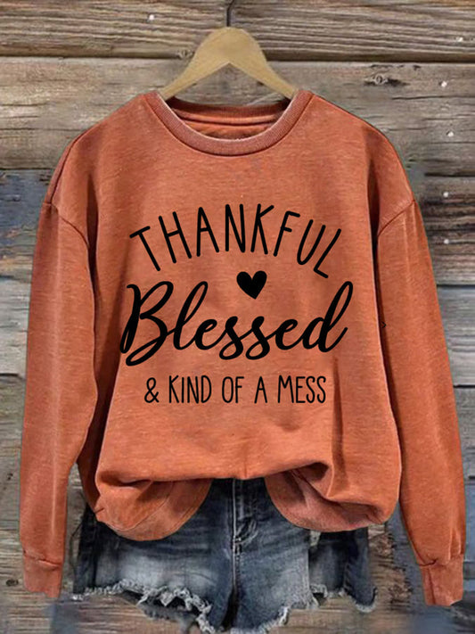 Comstylish Women's Thankful Blessed & Kind Of A Mess Print Casual Sweatshirt