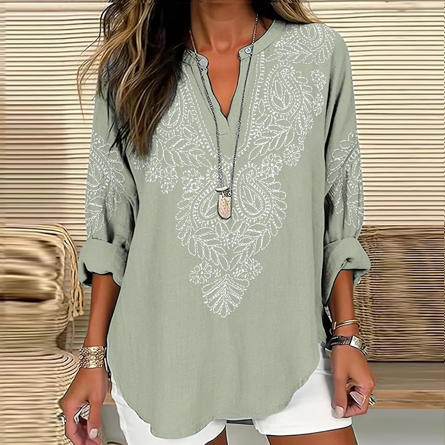 Comstylish Women's Floral Embroidery Art Linen Print Casual Shirt