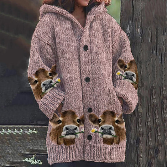 Women's Animal Highland Cow And Floral Knitted Cardigan artswardrobe