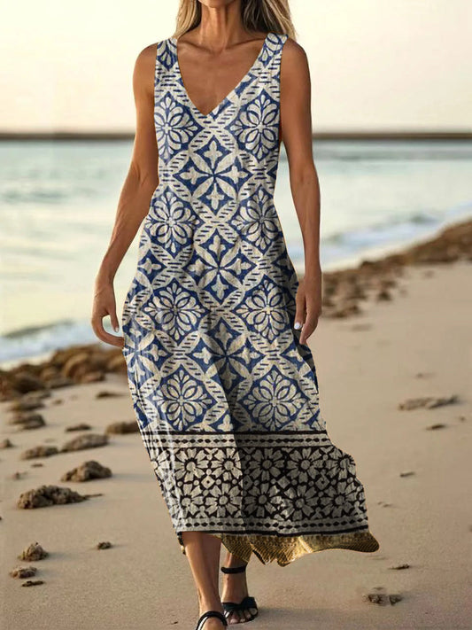 Women's Vintage Ethnic Floral Art Print Pocket Cotton Dress