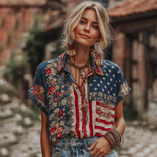 Women's Retro Flag Style Embroidered Linen Blend Shirts artswardrobe