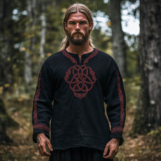 Men's Vintage Viking Celtic Knot Totem Linen V-neck Shirt artswardrobe