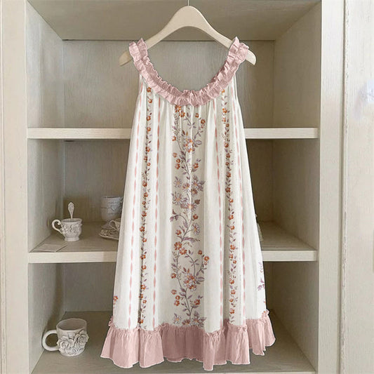 Vintage Floral Pink Ruffle Trim Linen Dress artswardrobe