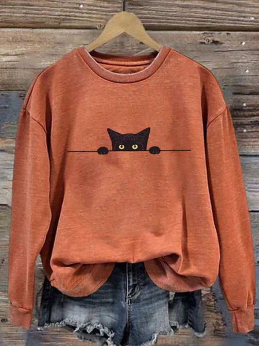 Comstylish Women's Casual Funny Black Cat Print Sweatshirt