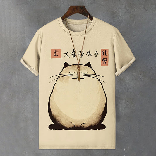 Men's Japanese Lazy Fat Cat Art Print Comfortable T-shirt elevenforest
