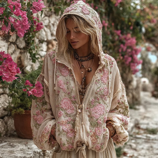 Comstylish Bohemian Style Pink Rose Vintage Zip-up Cardigan Hoodie