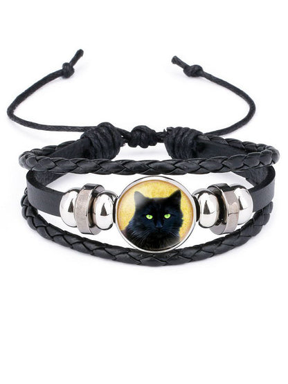 Black Cat Beaded Leather Woven Bracelet elevenforest