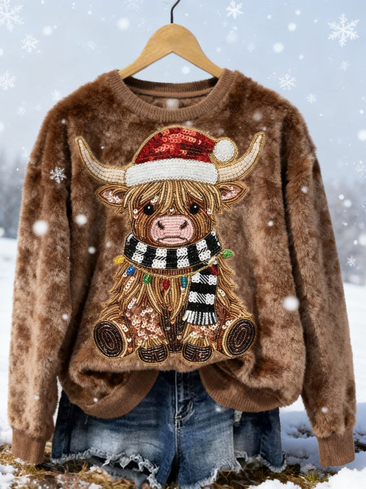 Sequin Highland Cow Christmas Cozy Plush Sweatshirt artswardrobe